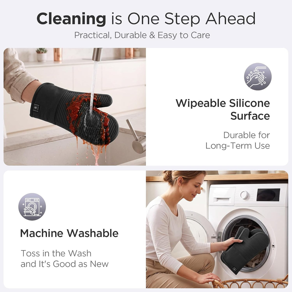 BONTHEE Silicone Oven Mitts Heat Resistant Kitchen Oven Gloves - Black