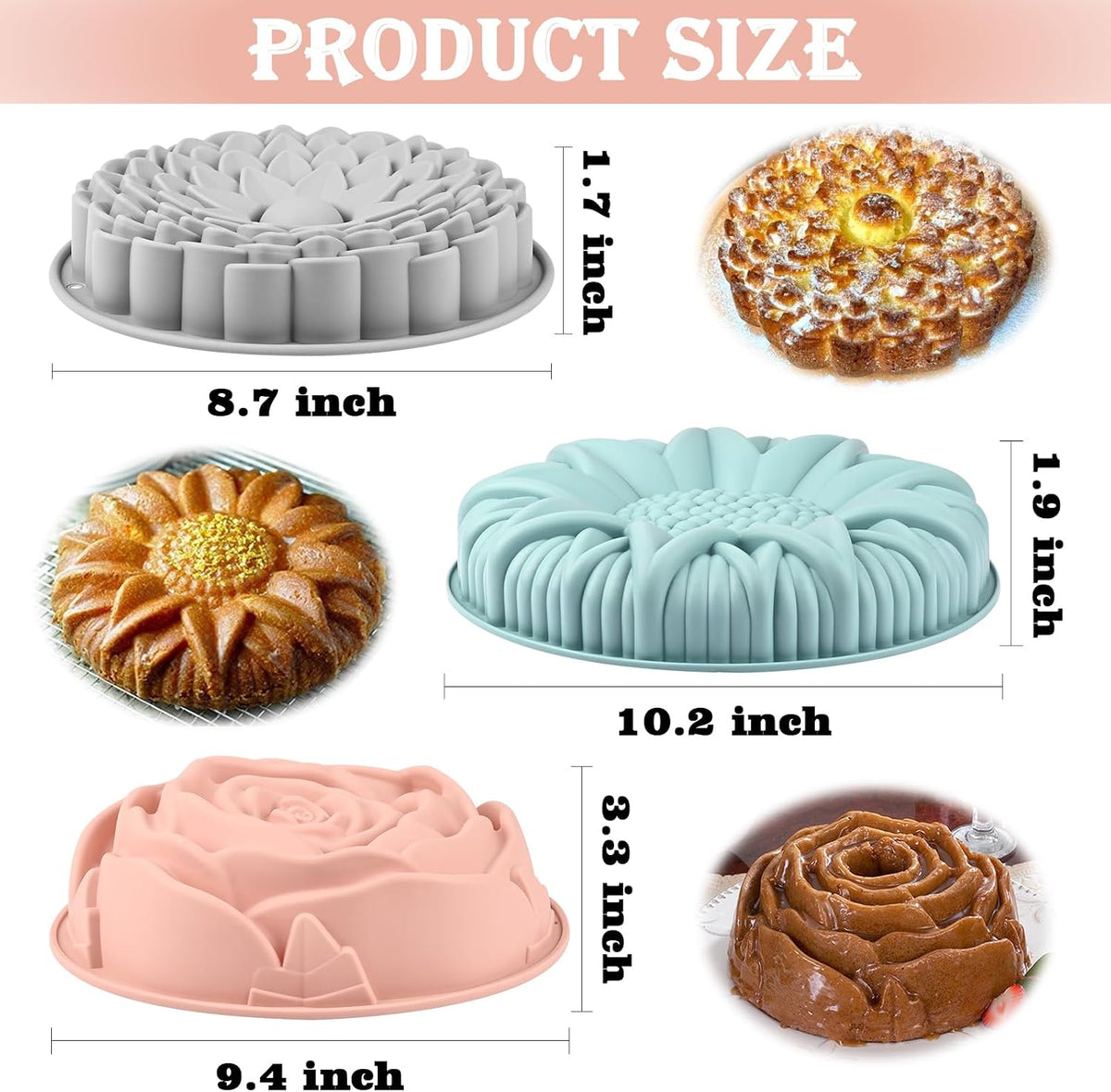 Sakolla 3 Pack Flower Shape Silicone Cake Molds, Large Round Silicone Molds for Baking Cake, Breads, Pies, Tarts (Rose, Chrysanthemum, Sunflower)