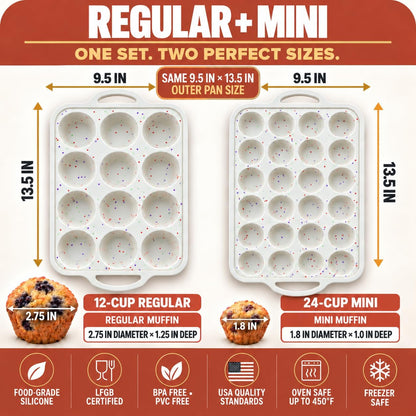 Silicone Muffin Pans, 2-Pack Regular 12 Cup & Mini 24 Cup, BPA-Free