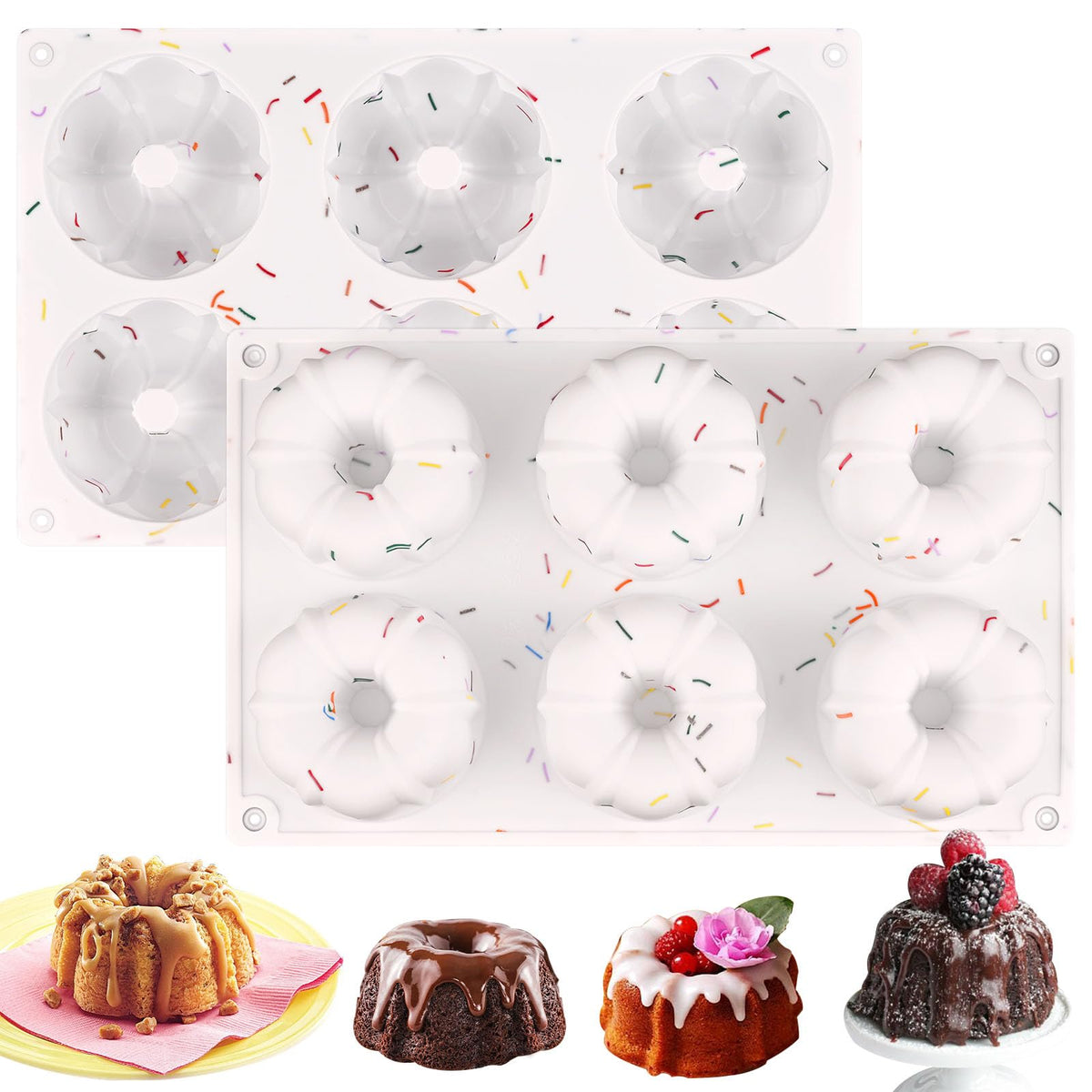 HUAKENER 2 Pcs Mini Fluted Cake Pan, 6-Cavity Fluted Tube Cake Pan