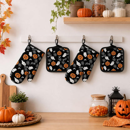 Halloween Pumpkin Ghost 4PC Oven Mitts Pot Holders Set Heat Resistant