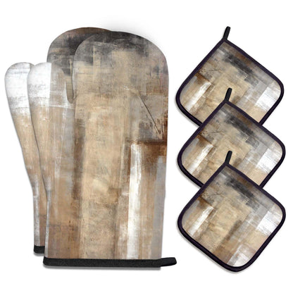 MCALK 5 Pcs Orange Oven Mitts and Pot Holders Sets, Beige Oven Gloves and Hot Pads for Kitchen Cooking, Abstract Modern Art Oven Mitt Potholder is Both Functional and Decorative