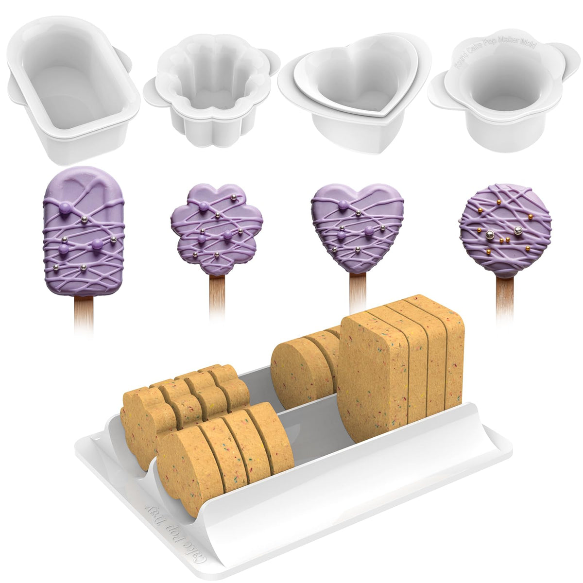 Cake Pop Molds Set, 4 Shapes with Tray, 100 Sticks Wrappers Ties (4-Shape Cutter & Tray)