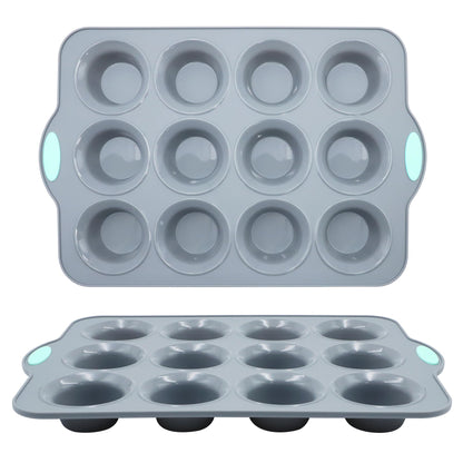 To encounter 8 in 1 Silicone Baking Set - 6 Cake Molds - 2 Silicone Baking Mat, Nonstick Cookie Sheet, Cake Muffin Bread Pan with Grips and Metal Reinforced Frame More Strength, Navy Blue