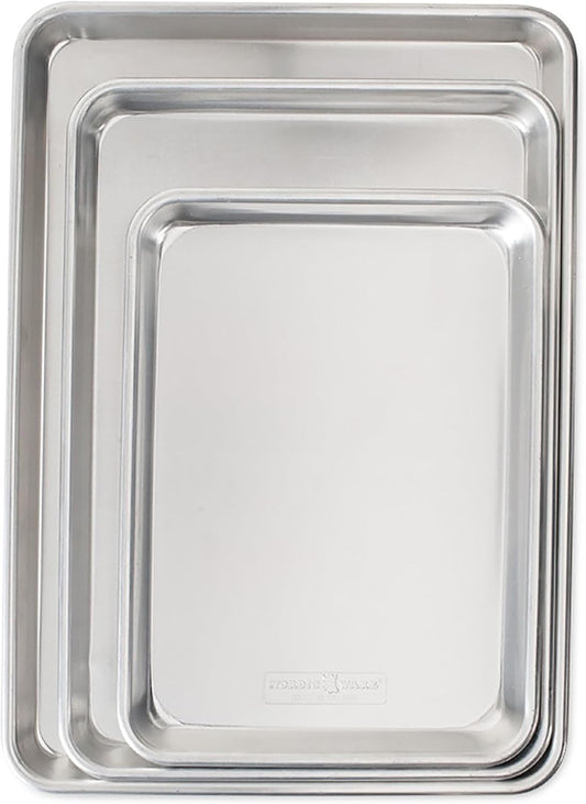 Nordic Ware Naturals 3 Piece Set - USA Made Aluminum Commercial Quality Sheet Pan for Baking or Roasting, Encapsulated Galvanized Steel Rim Prevents Warping; Half Sheet, Jelly Roll and Quarter Sheet