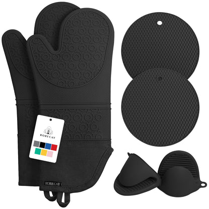 RORECAY Silicone Oven Mitts and Pot Holders Sets, Gloves for Kitchen, Beige