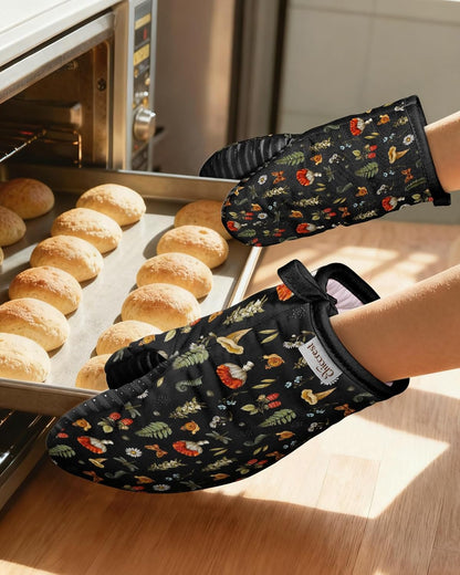 100% Thick Cotton Mini Oven Mitts Silicone Grip Black Mushroom