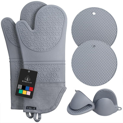 RORECAY Silicone Oven Mitts and Pot Holders Sets, Gloves for Kitchen, Beige