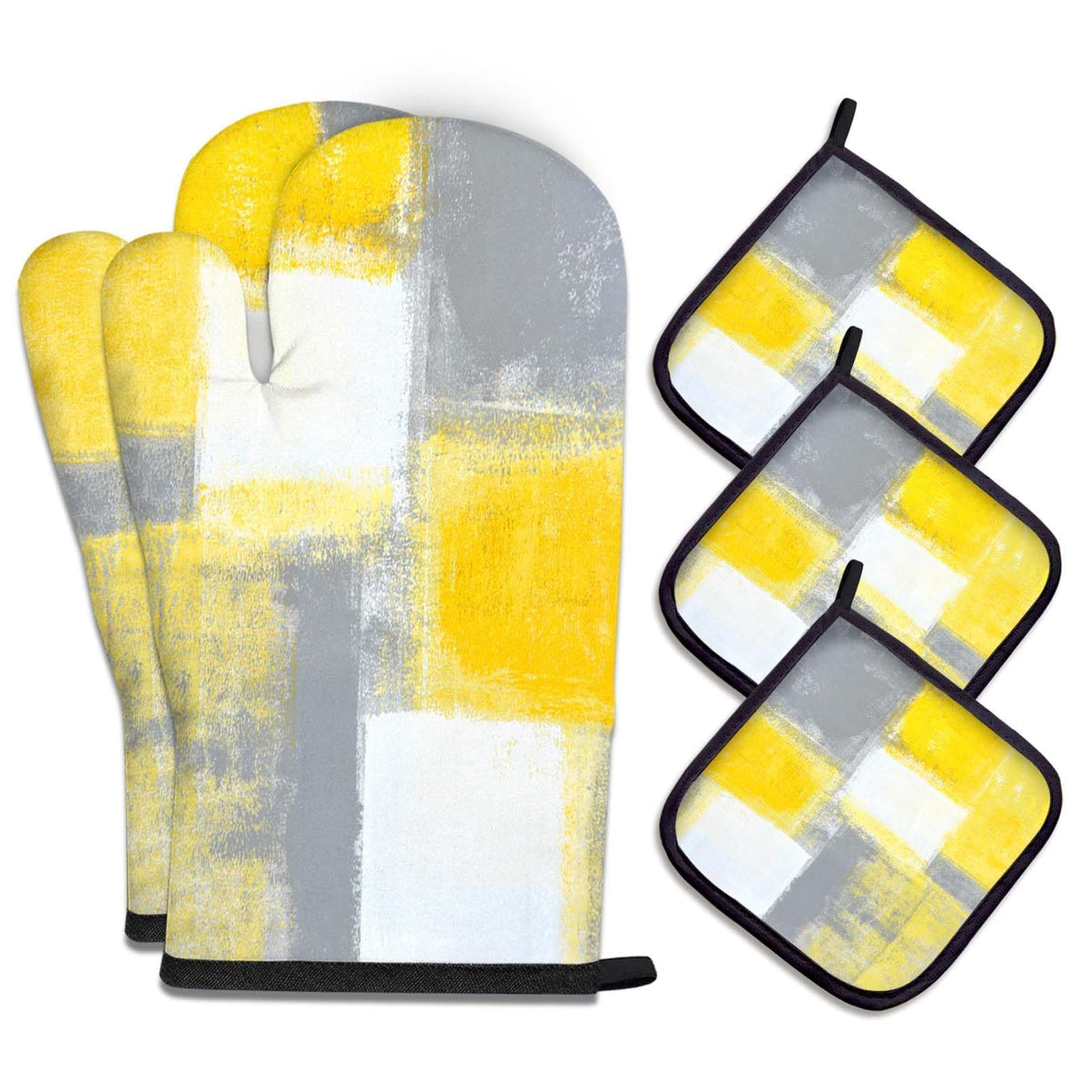 MCALK 5 Pcs Orange Oven Mitts and Pot Holders Sets, Beige Oven Gloves and Hot Pads for Kitchen Cooking, Abstract Modern Art Oven Mitt Potholder is Both Functional and Decorative