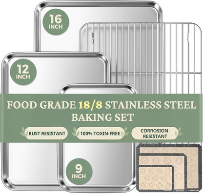 BRONYPRO 18/8 Stainless Steel Baking Sheet Set (3 Pans + 3 Mats+ 1 Rack)