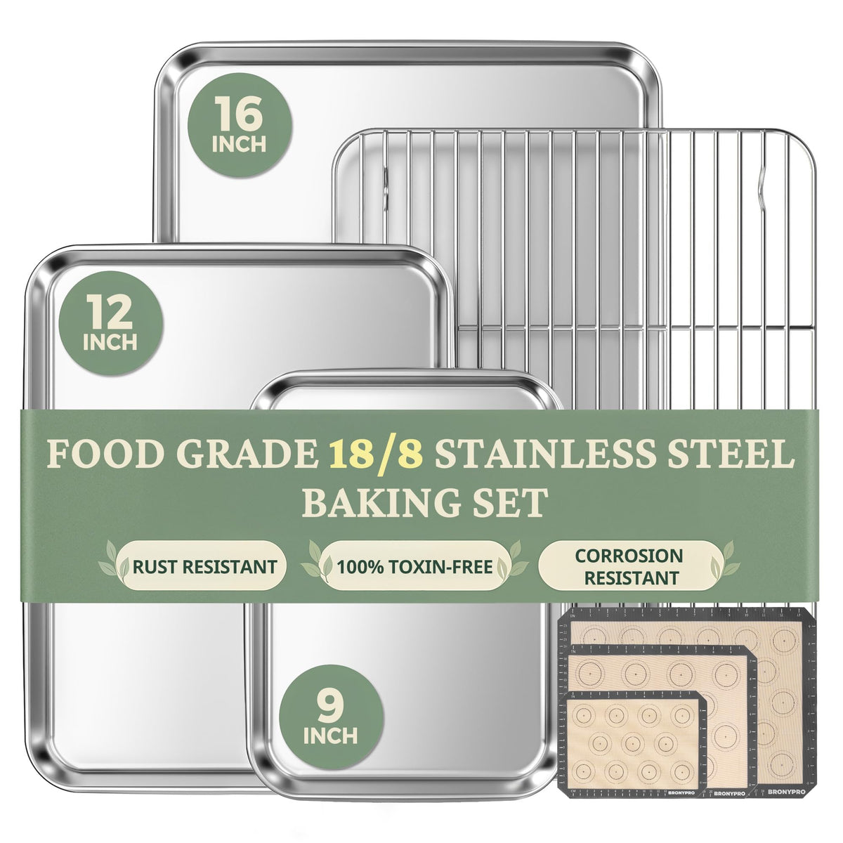 BRONYPRO 18/8 Stainless Steel Baking Sheet Set (3 Pans + 3 Mats+ 1 Rack)