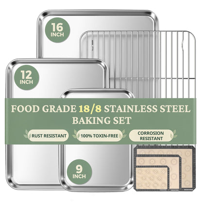 BRONYPRO 18/8 Stainless Steel Baking Sheet Set (3 Pans + 3 Mats+ 1 Rack)