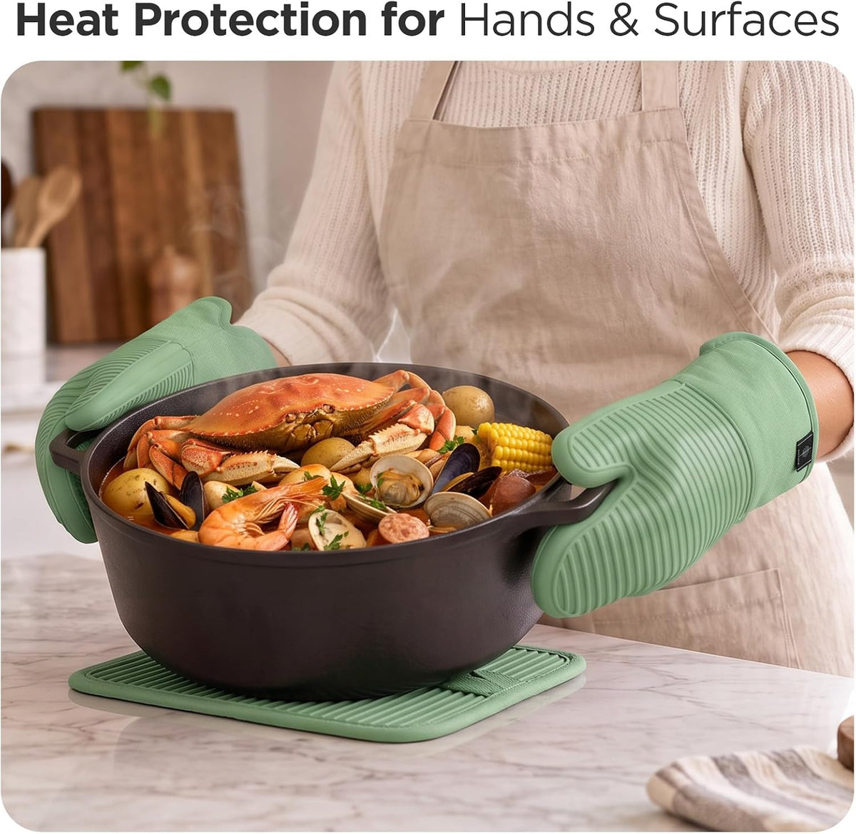 BONTHEE Oven Mitts and Pot Holders 4pcs Set, Silicone Kitchen Mitts - Green