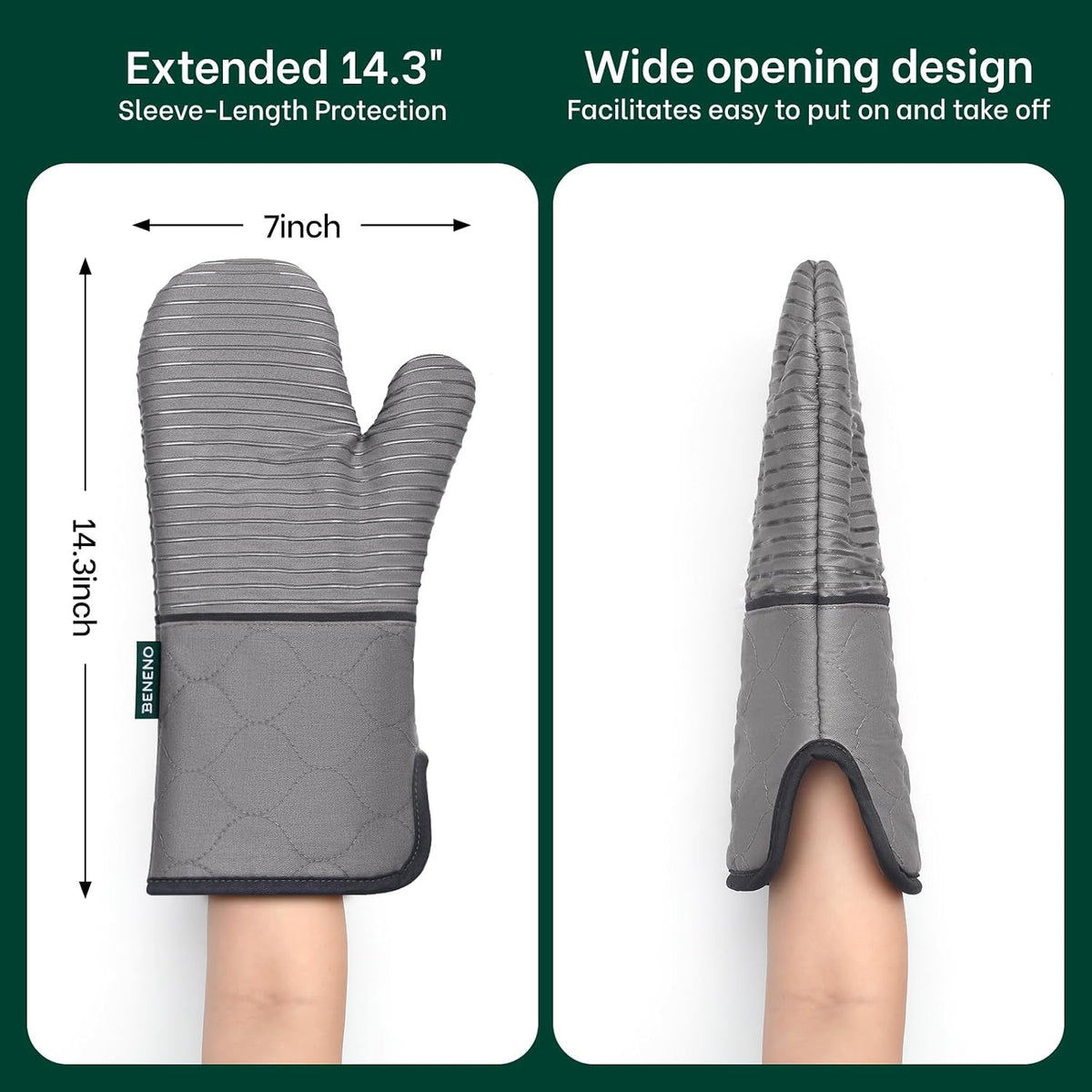 Beneno Heat Resistant 500°F Kitchen Oven Mitts 2-Pack, 7.5"x14.3", Gray