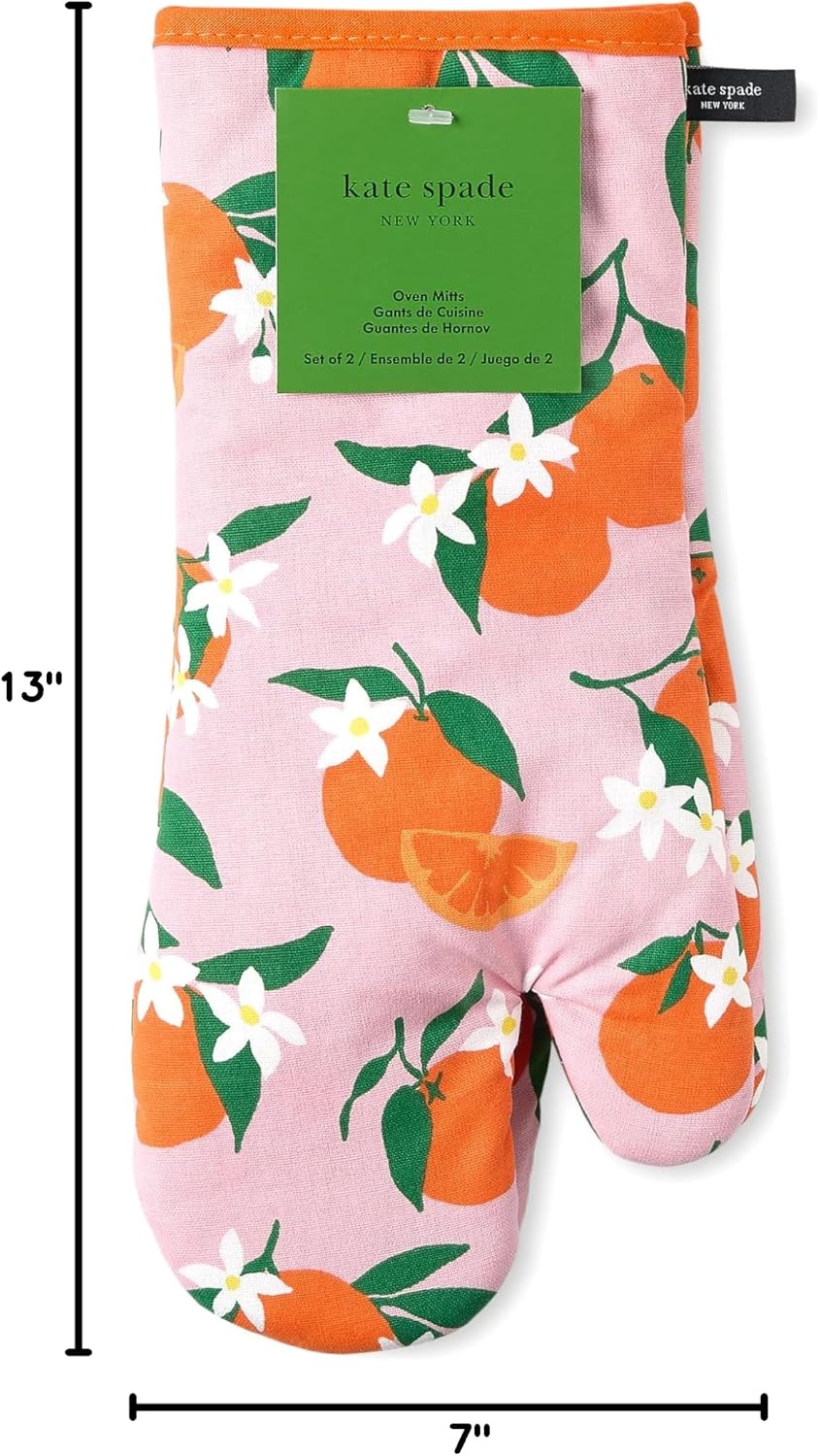 kate spade new york Squeeze The Day Oven Mitt 2-Pack Set, Heat Resistant, 100% Cotton, Orange/Pink, 7"x13"