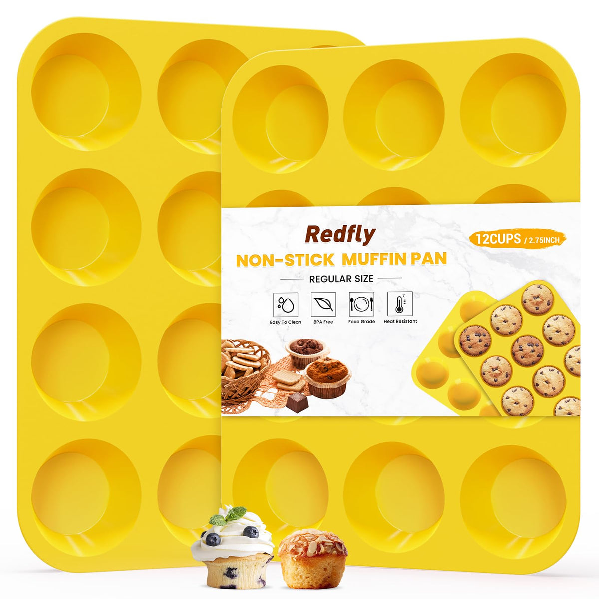 Redfly 2 Pack Silicone Muffin Pans for Baking & Cupcake Pan - 12 Cup Regular Size Silicone Molds, BPA Free Egg Bites Mold