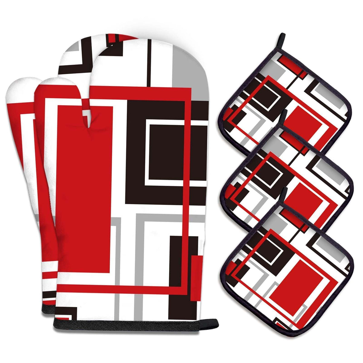 MCALK 5 Pcs Orange Oven Mitts and Pot Holders Sets, Beige Oven Gloves and Hot Pads for Kitchen Cooking, Abstract Modern Art Oven Mitt Potholder is Both Functional and Decorative