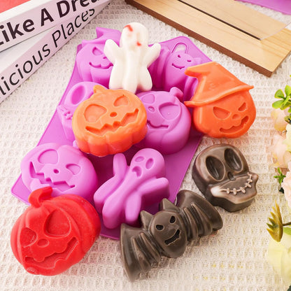 Halloween Silicone Chocolate Molds 5PCS Pumpkin Bat Skull Ghost Spider Shape Baking Molds Large Medium Small Cavity for Chocolate Jelly Soap Fondant Candy Candles Pastry Gummies Cake Decorating