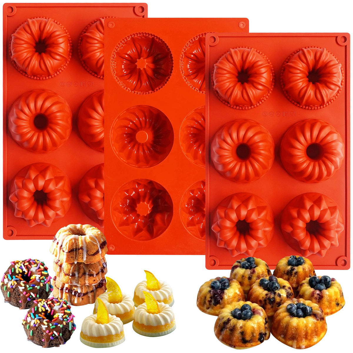 3Pcs Mini Fluted Tube Cake Pan, 6-Cavity Fluted Tube Cake Pan Silicone Molds for Baking Cupcake, Cornbread, Brownie, Donuts, Jello Red(B)