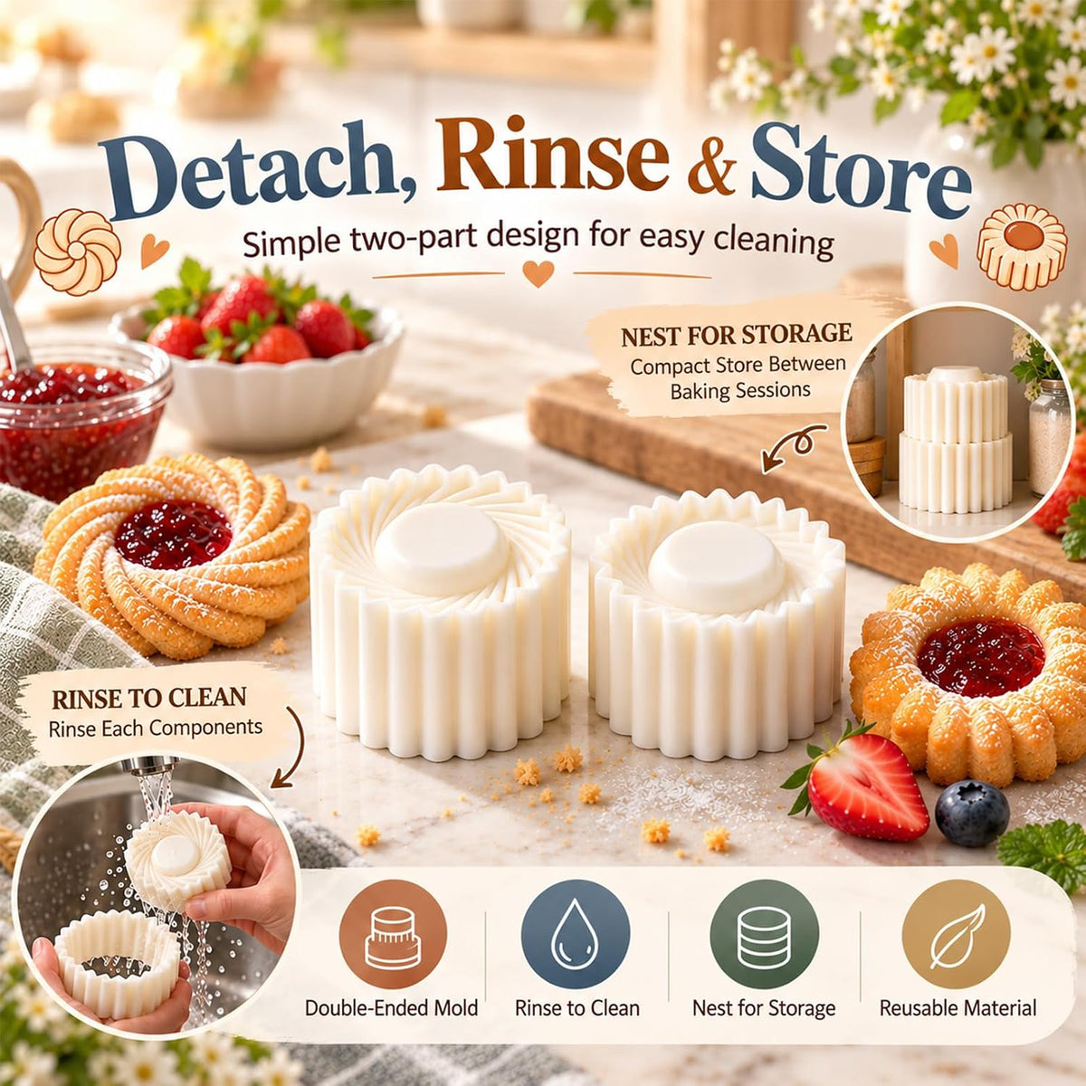 3pcs Sunflower Patterned Round Hand-Press Mooncake Mold for Cookie Mooncake