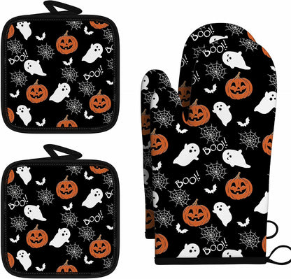 Halloween Pumpkin Ghost 4PC Oven Mitts Pot Holders Set Heat Resistant