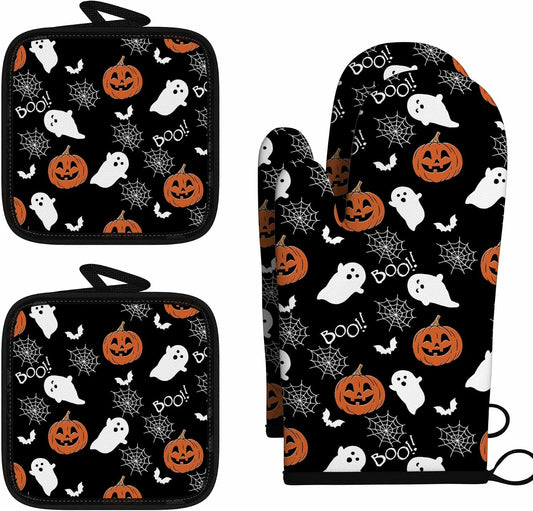 Halloween Pumpkin Ghost 4PC Oven Mitts Pot Holders Set Heat Resistant