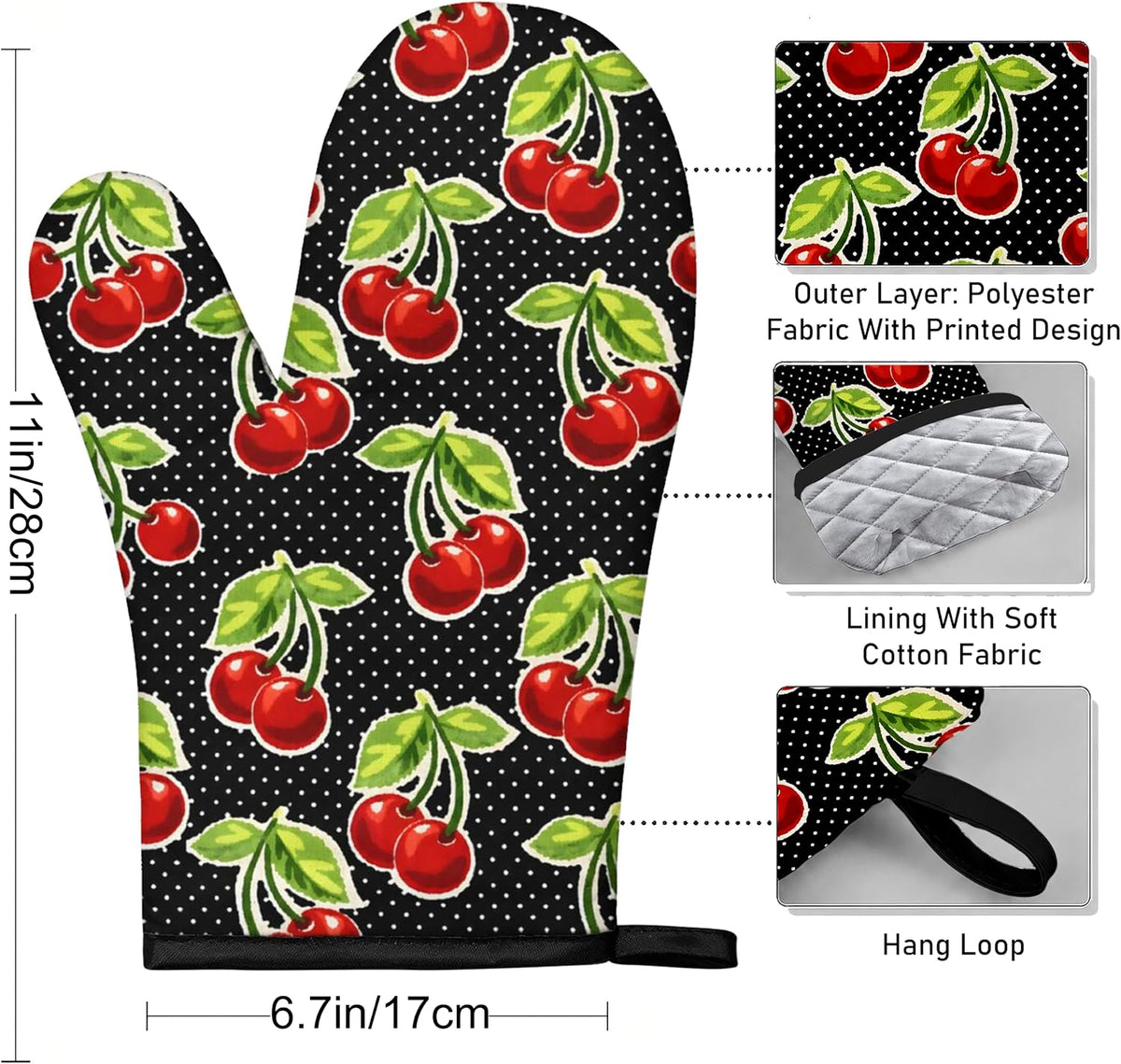 Retro Cherry Oven Mitts, Red Cherries and Polka Dots, Set of 2