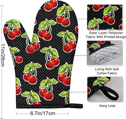 Retro Cherry Oven Mitts, Red Cherries and Polka Dots, Set of 2