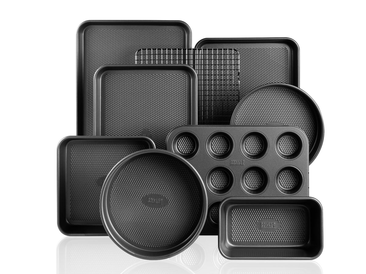 Baker's Secret 9 Piece Bakeware Set Nonstick, Baking Pans Set for Oven, Non Toxic Diamond Texture Carbon Steel, Includes Cookie Sheets, Cake Pan, Muffin Pan, Loaf Pan & Cooling Rack, Gold