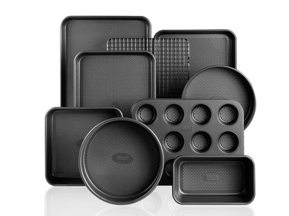 Baker's Secret 9 Piece Bakeware Set Nonstick, Baking Pans Set for Oven, Non Toxic Diamond Texture Carbon Steel, Includes Cookie Sheets, Cake Pan, Muffin Pan, Loaf Pan & Cooling Rack, Gold