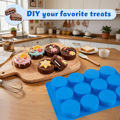 3Pcs Chocolate Cover Cookie Silicone Molds, 12-Cavity Round Cylinder Silicone Chocolate Cover Cookie Mold, Non-Stick Baking Mold for Mini Cakes, Jelly