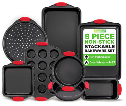 NutriChef 3‑Piece Nonstick Cookie Sheets – Carbon Steel Baking Sheet Set with Non Stick Coating & Red Silicone Handles – Oven Pans for Family Baking