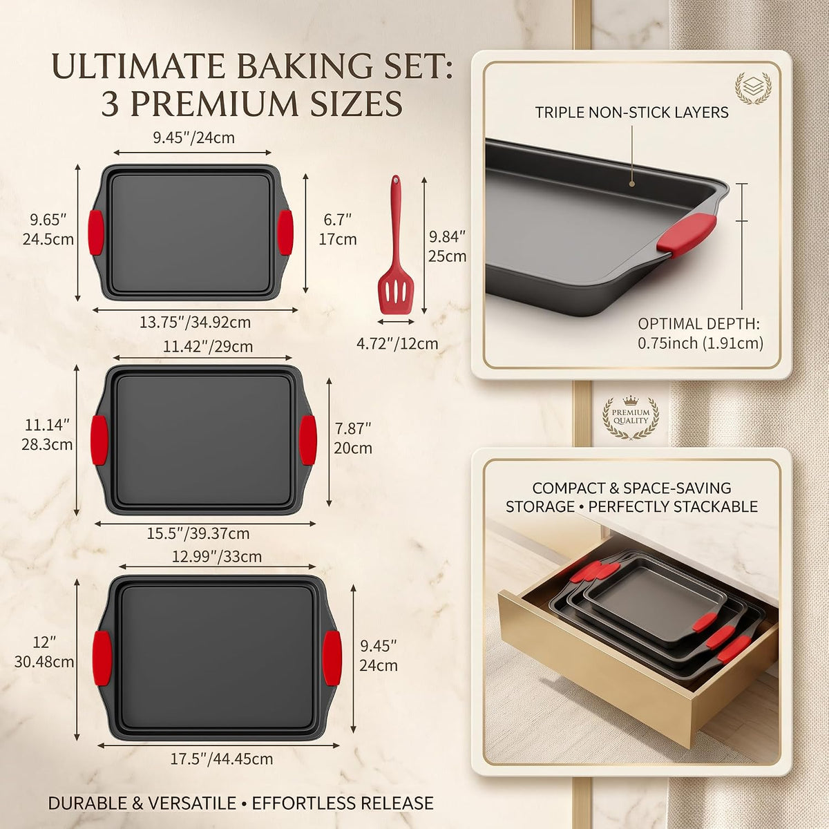 4-Piece Nonstick Carbon Steel Baking Sheet Set, Small Medium Large Rimmed Oven Pans with Red Heat-Resistant Silicone Handles & Bonus Spatula for Cookies, Cakes, Pizza & Home Baking