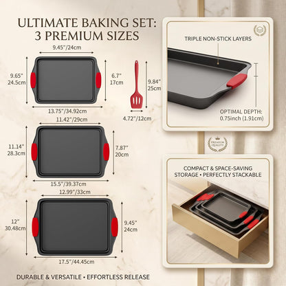 4-Piece Nonstick Carbon Steel Baking Sheet Set, Small Medium Large Rimmed Oven Pans with Red Heat-Resistant Silicone Handles & Bonus Spatula for Cookies, Cakes, Pizza & Home Baking
