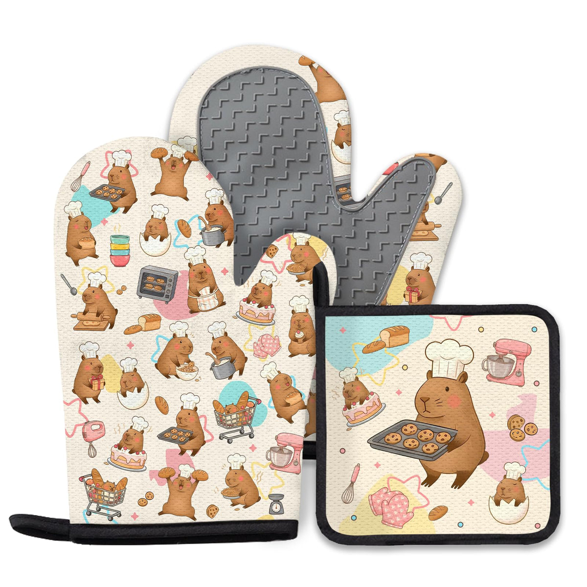 Black Cat Oven Mitts and Pot Holders Sets 3PCS, Cat Silicone Heat Resistant Oven Mitts Birthday Gifts for Cats Lover, Cute Cats Pot Holder Non-Slip Silicone Oven Gloves for Mom Wife Sister BFF