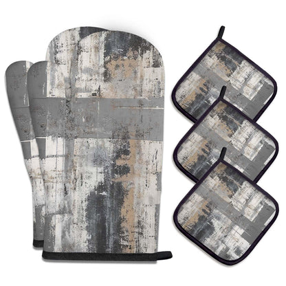 MCALK 5 Pcs Orange Oven Mitts and Pot Holders Sets, Beige Oven Gloves and Hot Pads for Kitchen Cooking, Abstract Modern Art Oven Mitt Potholder is Both Functional and Decorative