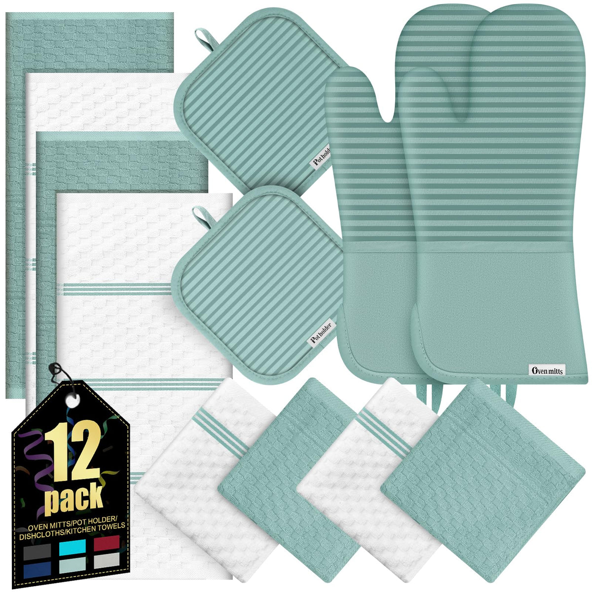 Oven Mitts Kitchen Towels and Dishcloths with Pot Holders Sets, Oven Gloves Hot Pads 500°F Heat Resistant with Silicone Grip, Include 2 Cooking Gloves/2 Potholders/4 Kitchen Towels/4 Dish Towels