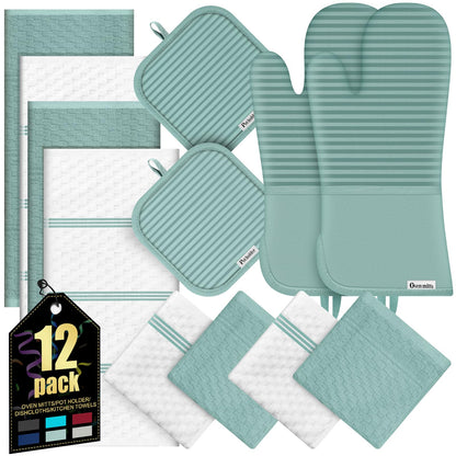 Oven Mitts Kitchen Towels and Dishcloths with Pot Holders Sets, Oven Gloves Hot Pads 500°F Heat Resistant with Silicone Grip, Include 2 Cooking Gloves/2 Potholders/4 Kitchen Towels/4 Dish Towels