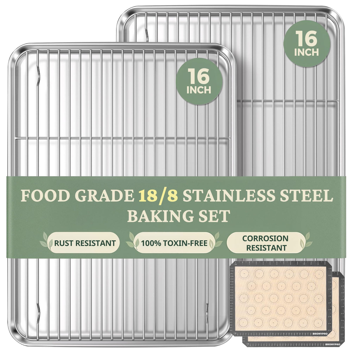 BRONYPRO 18/8 Stainless Steel Baking Sheet Set (3 Pans + 3 Mats+ 1 Rack)