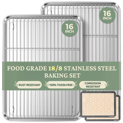 BRONYPRO 18/8 Stainless Steel Baking Sheet Set (3 Pans + 3 Mats+ 1 Rack)