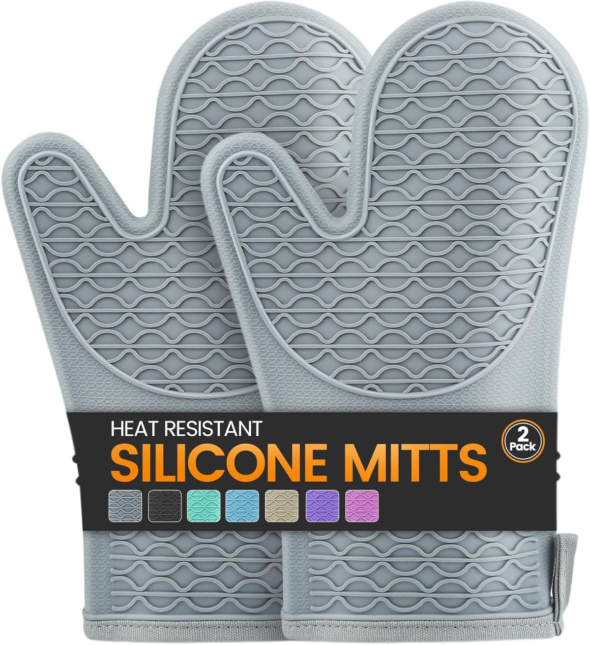 Silicone Oven Mitts, Heat Resistant 2PCS Oven Mitts with Soft Cotton Lining, Waterproof Non-Slip Grip Oven Glove, Kitchen Potholder Mits for BBQ, Baking, Cooking, 12.5 Inch - Grey
