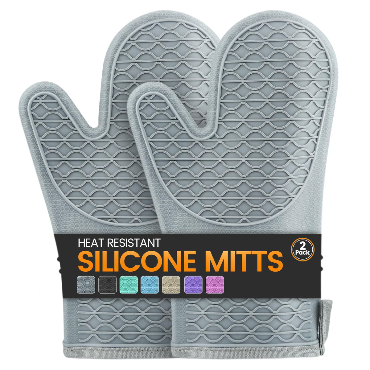 Silicone Oven Mitts, Heat Resistant 2PCS Oven Mitts with Soft Cotton Lining, Waterproof Non-Slip Grip Oven Glove, Kitchen Potholder Mits for BBQ, Baking, Cooking, 12.5 Inch - Grey