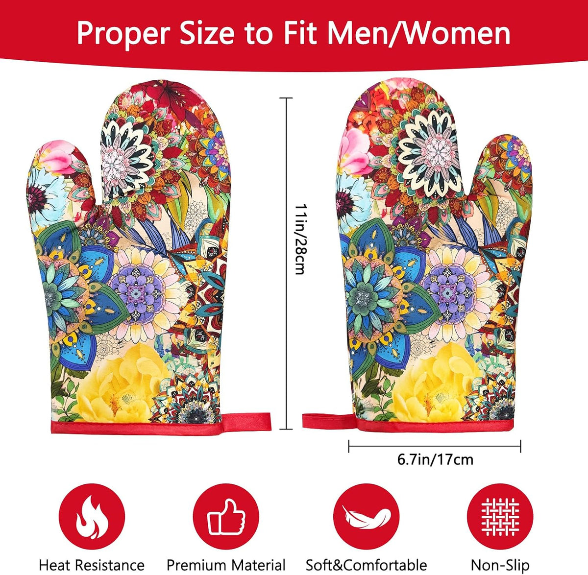 2Pcs Boho Floral Cotton Oven Mitts Heat Resistant Kitchen Gloves with Loop