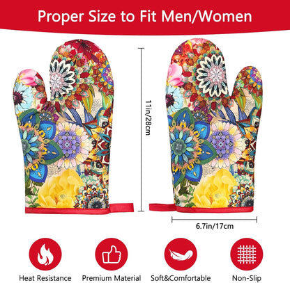 2Pcs Boho Floral Cotton Oven Mitts Heat Resistant Kitchen Gloves with Loop