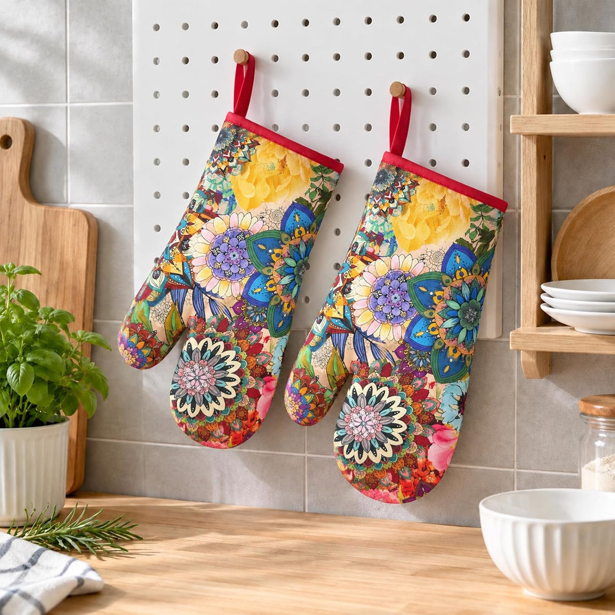 2Pcs Boho Floral Cotton Oven Mitts Heat Resistant Kitchen Gloves with Loop