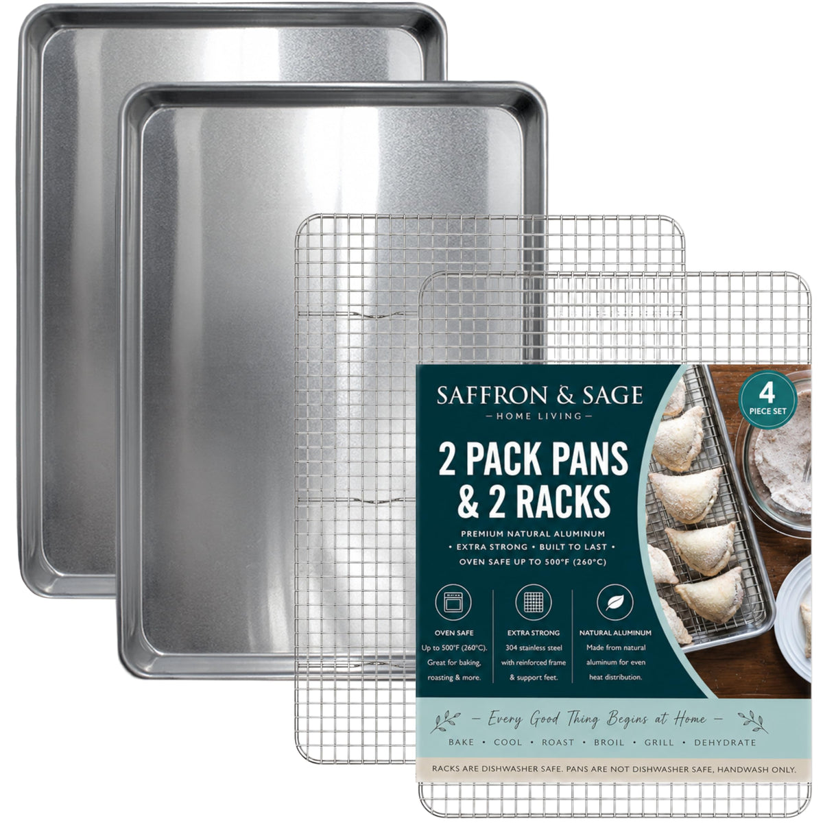 Commercial Quality Cookie Sheet Pan - 2 Pack Aluminum Half Sheet Baking Pan by Saffron & Sage Home Living - This 18x13 Rimmed Baking Sheet Set is Rust & Warp Resistant, Heavy Duty, of Thick Gauge