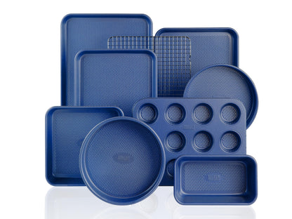 Baker's Secret 9 Piece Bakeware Set Nonstick, Baking Pans Set for Oven, Non Toxic Diamond Texture Carbon Steel, Includes Cookie Sheets, Cake Pan, Muffin Pan, Loaf Pan & Cooling Rack, Gold