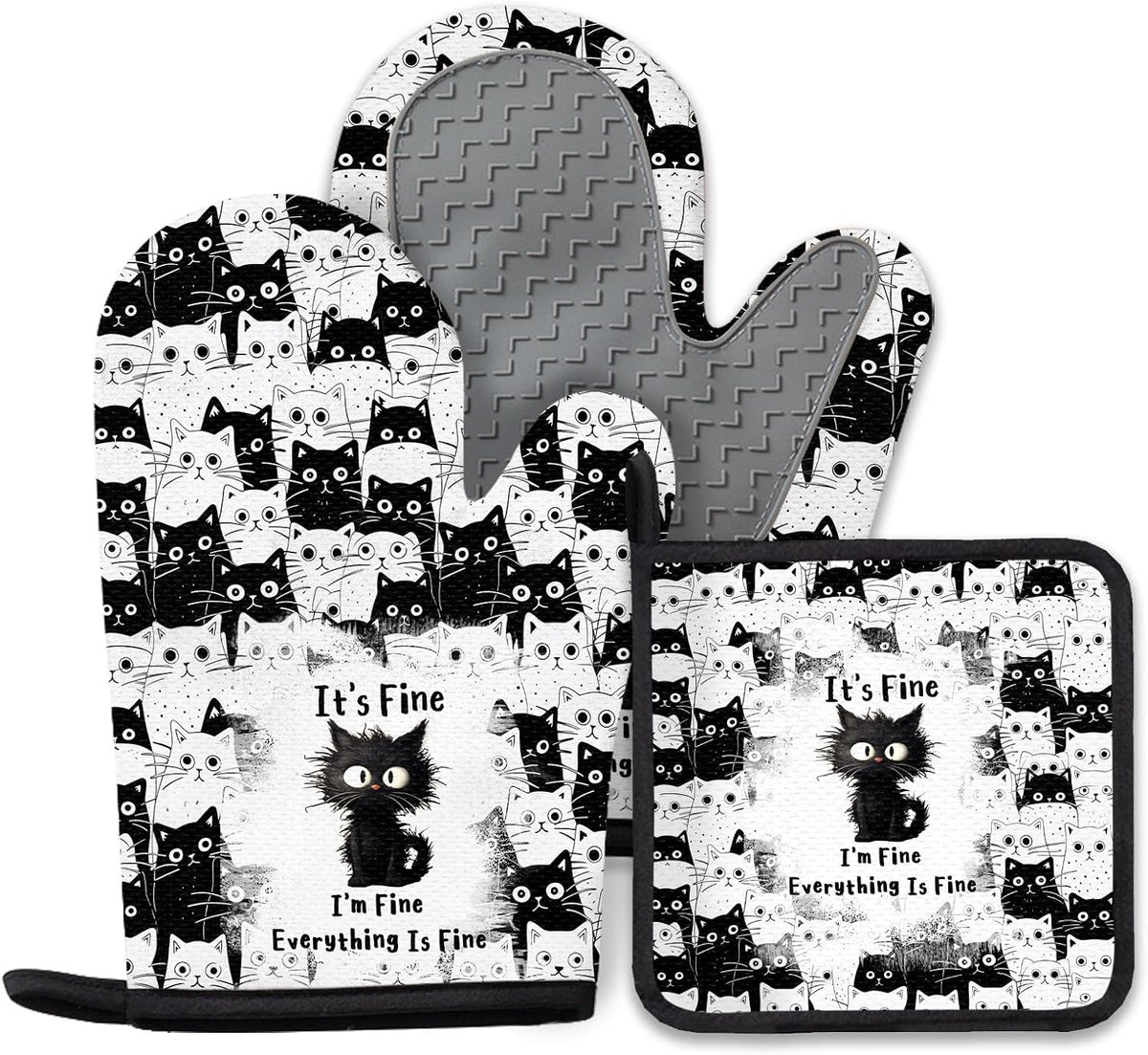 Black Cat Oven Mitts and Pot Holders Sets 3PCS, Cat Silicone Heat Resistant Oven Mitts Birthday Gifts for Cats Lover, Cute Cats Pot Holder Non-Slip Silicone Oven Gloves for Mom Wife Sister BFF