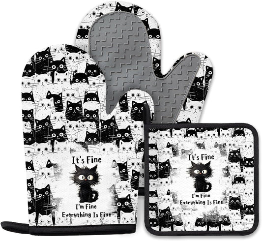 Black Cat Oven Mitts and Pot Holders Sets 3PCS, Cat Silicone Heat Resistant Oven Mitts Birthday Gifts for Cats Lover, Cute Cats Pot Holder Non-Slip Silicone Oven Gloves for Mom Wife Sister BFF