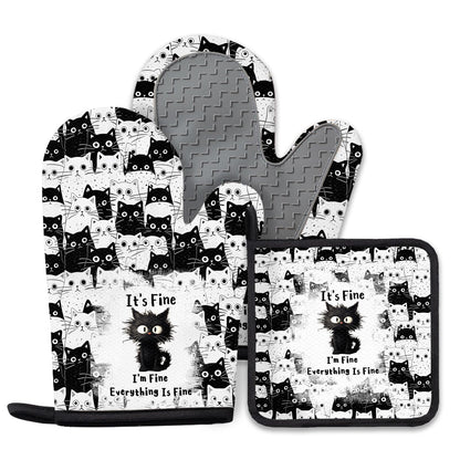 Black Cat Oven Mitts and Pot Holders Sets 3PCS, Cat Silicone Heat Resistant Oven Mitts Birthday Gifts for Cats Lover, Cute Cats Pot Holder Non-Slip Silicone Oven Gloves for Mom Wife Sister BFF